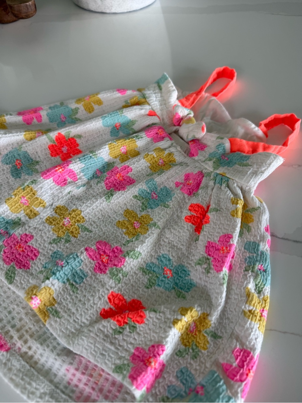 Kids White Floral Textured Sundress with Neon Pink Straps